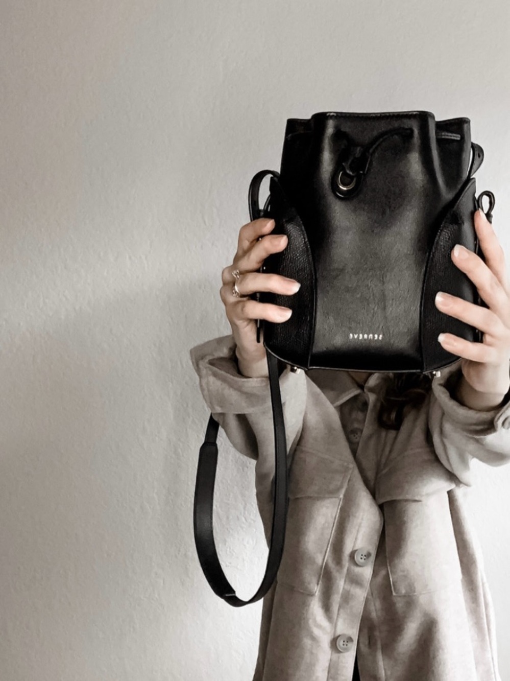 Senreve Mini Fiore Bucket Bag - Black Leather Drawstring Crossbody